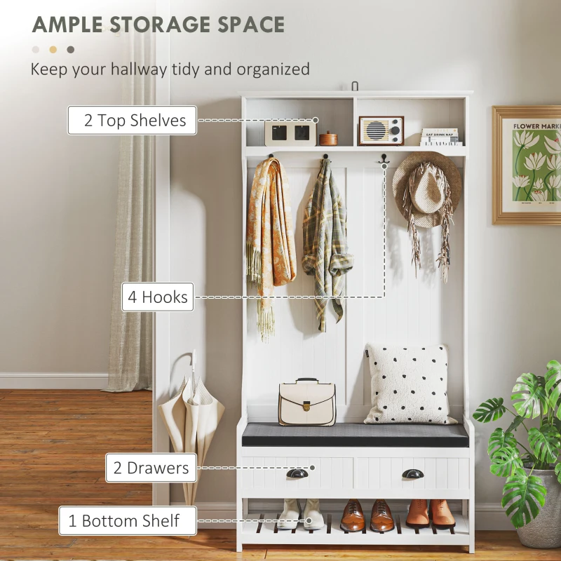 HOMCOM 2 w 1 wieszak na ubrania, wieszak na ubrania z 4 wieszakami, garderoba z ławką na buty i półkami, wieszak na ubrania z zabezpieczeniem antyprzechyleniowym, do przedpokoju, korytarza, sypialni, biały + szary