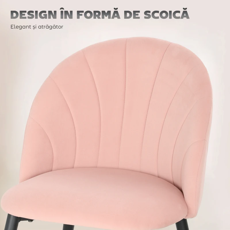 HOMCOM Set de 2 Scaune de Sufragerie din Catifea, Scaune Bucătărie cu Spătar Curbat în Formă de Scoică, Picioare din Oțel, Stil Nordic, Scaun Tapițat pentru Bucătărie, Dormitor, Cameră de Zi, Roz