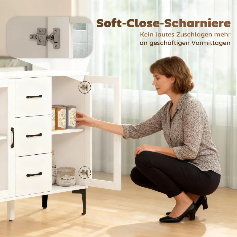 HOMCOM Modernes Sideboard mit Soft-Close-Türen, Buffetschrank mit 3 Schubladen, 2 Glastüren, verstellbare Regale, MDF, Weiß