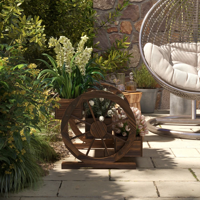 Outsunny Jardinière sur Pieds carré Potager 3 étages Style Rustique avec 2 roues Charrette trous de drainage, 62x61x57cm marron
