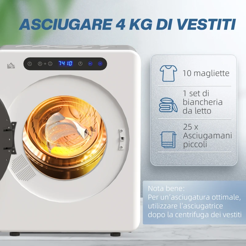 HOMCOM Mini Asciugatrice Elettrica 1000W da 3 kg con Display LED, 49x43x61 cm, Bianco