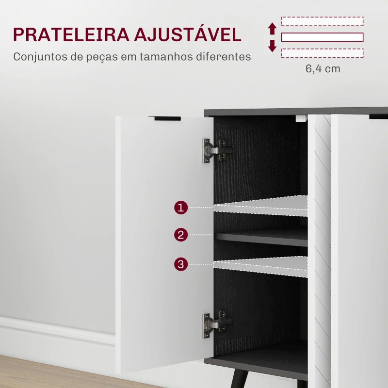 HOMCOM Aparador de 4 Portas Aparador de Sala com Prateleiras Ajustáveis e Pés de Madeira para Cozinha Branco e Preto 120x35x77,4 cm
