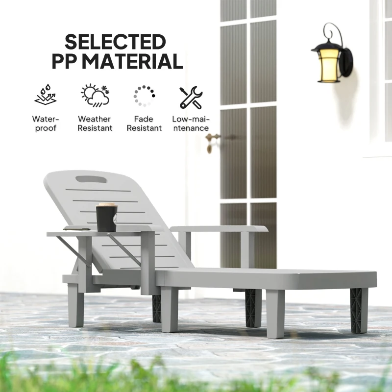 Leżak ogrodowy z bocznym stolikiem, szary, drewnopodobny