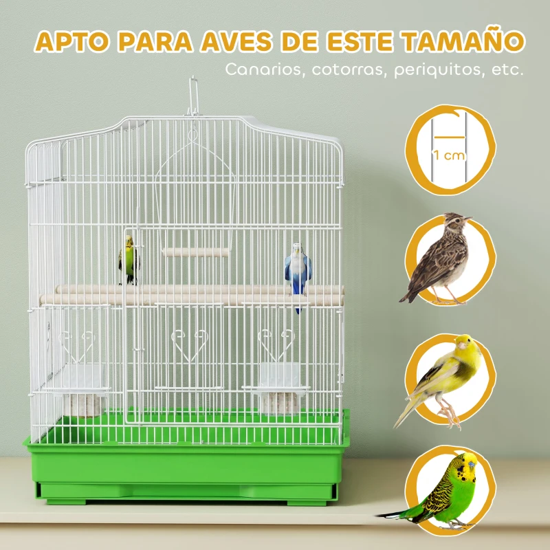 PawHut Jaula para Pájaros Pajarera de Acero con 2 Comederos 2 Perchas Columpio y Bandeja Extraíble Asa 46,5x36x59 cm Verde