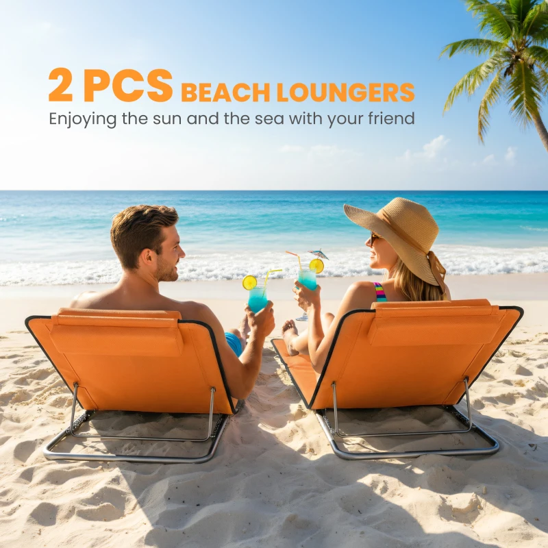 Outsunny Set of Two Metal Frame Beach Chairs, with Reclining Backs - Orange