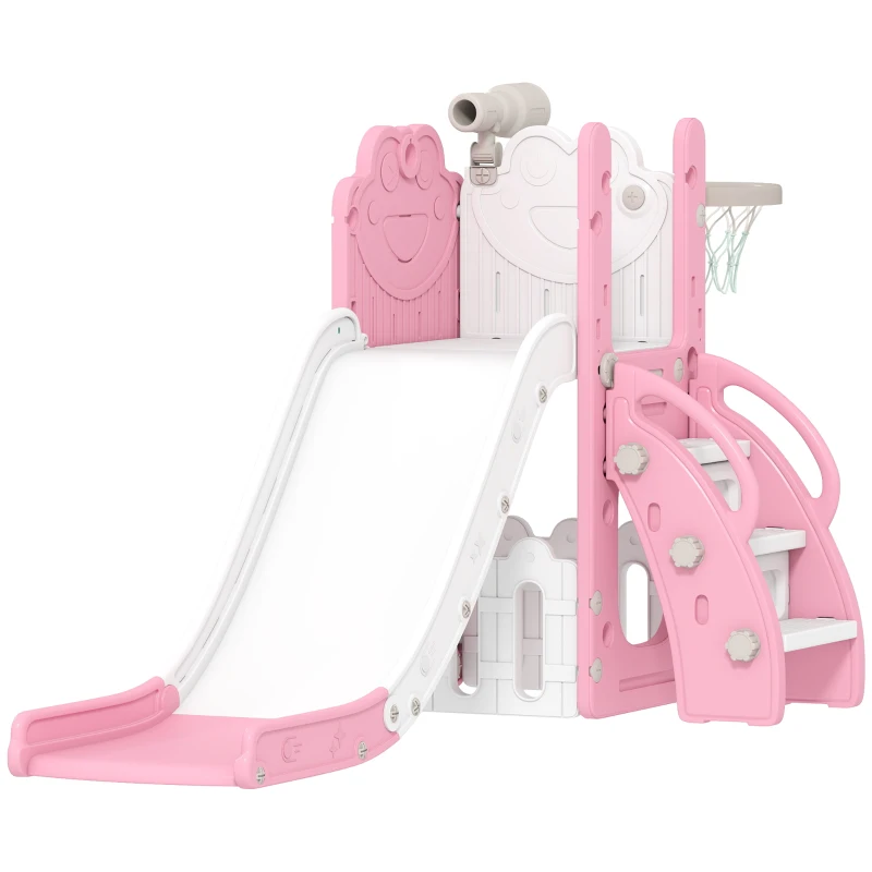 AIYAPLAY 5 in 1 Kids Slide Set with Basketball Hoop, Climbing Frame, Telescope, Storage Box for Toddlers Ages 1-3, Pink