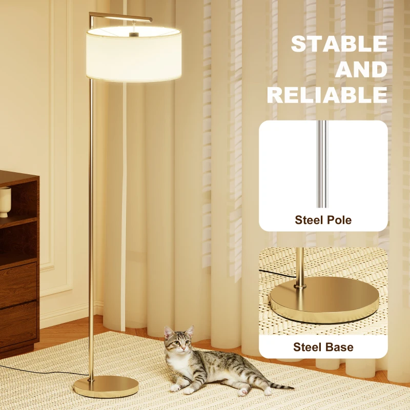 HOMCOM Floor Lamp, Modern Standing Lamp with Linen Lampshade, Round Base for Living Room, Bedroom, Dining Room, 153cm, Silver Tone