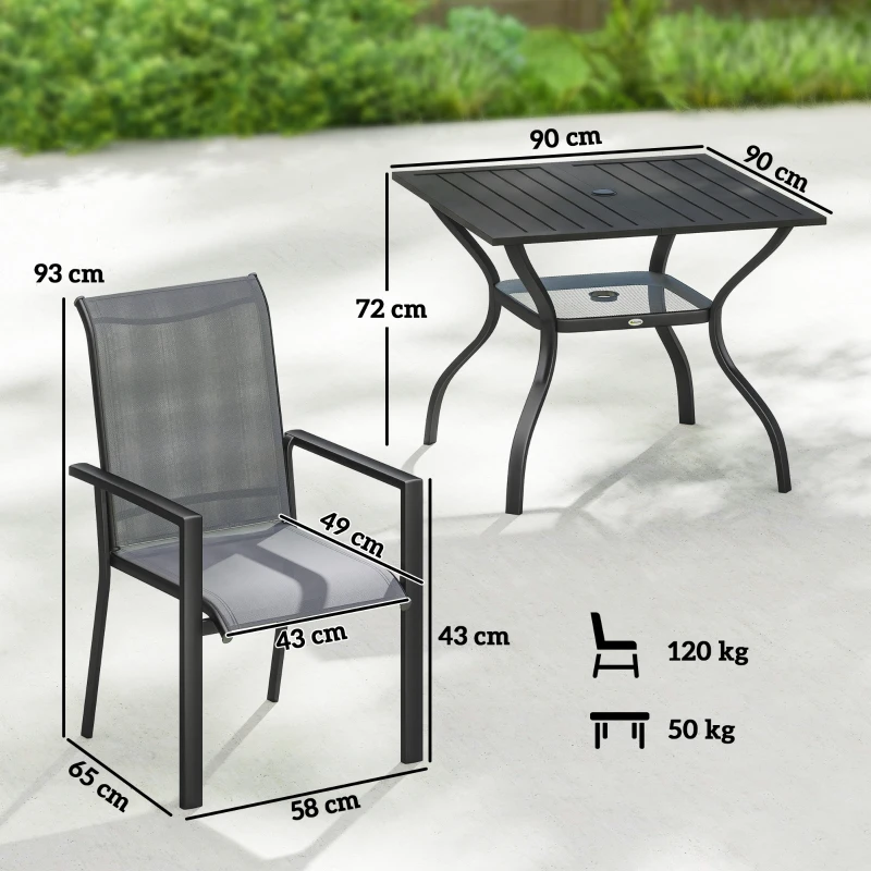 Outsunny 5 Pieces Outdoor Dining Set for 4, Garden Table and Stackable Chairs with Breathable Mesh Seat and Parasol Hole, Grey