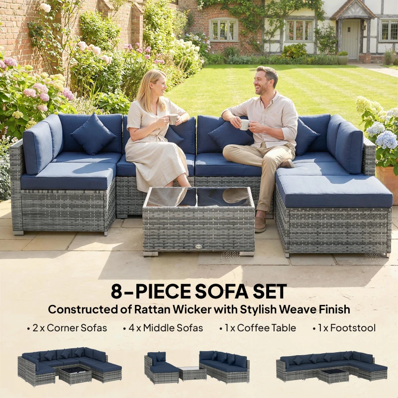 Outsunny 8 Pieces PE Rattan Corner Sofa Set, Outdoor Garden Furniture Set, Patio Wicker Sofa Seater w/ Cushion, Dark Blue