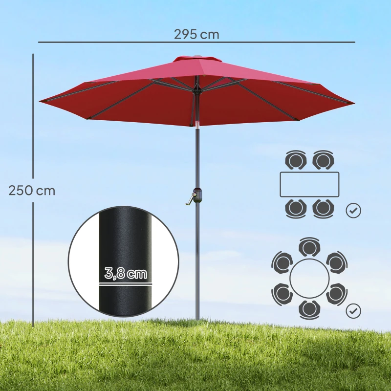 Outsunny Parasol de jardin extérieur Parasol droit inclinable Ø 3 m en métal Rond Polyester 180g/m² manivelle inclinable Bordeaux