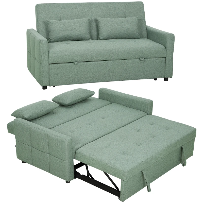 HOMCOM Three-Way 2 Seater Sofa Bed with Three-position back and Two Soft Pillows - Green