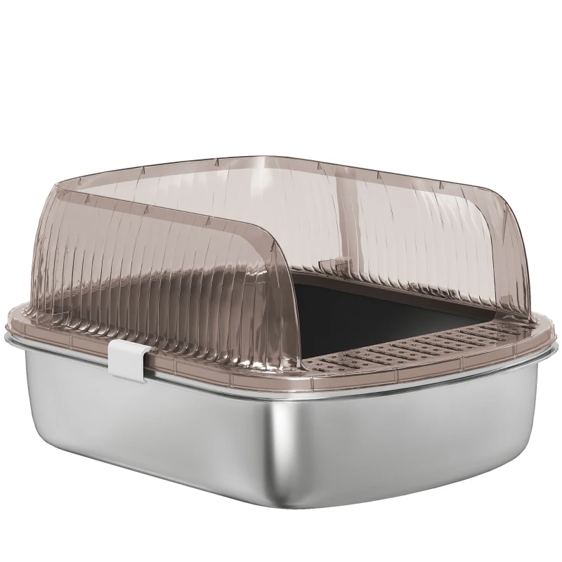 PawHut Katzenklo Edelstahl, Katzentoilette mit hohem Rand, Wanne, inklusive Schaufel, für große Katzen, 53x42x27cm, Kohlegrau