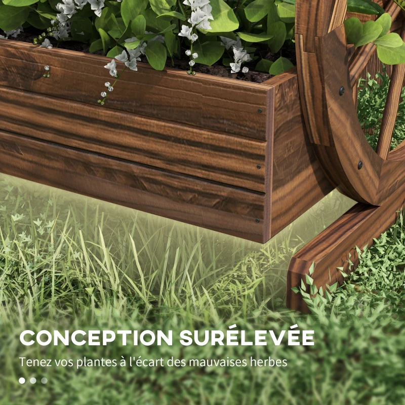 Outsunny Jardinière sur Pieds carré Potager 3 étages Style Rustique avec 2 roues Charrette trous de drainage, 62x61x57cm marron