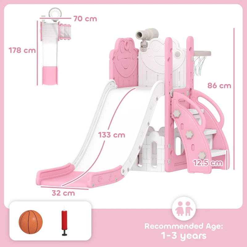 AIYAPLAY 5 in 1 Kids Slide Set with Basketball Hoop, Climbing Frame, Telescope, Storage Box for Toddlers Ages 1-3, Pink