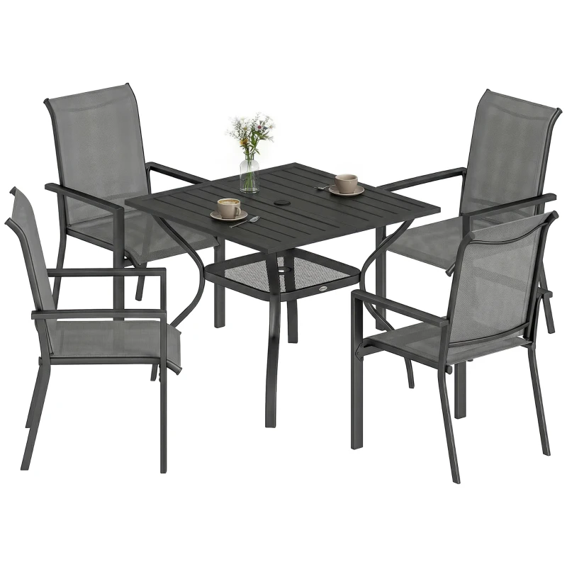 Outsunny 5 Pieces Outdoor Dining Set for 4, Garden Table and Stackable Chairs with Breathable Mesh Seat and Parasol Hole, Grey