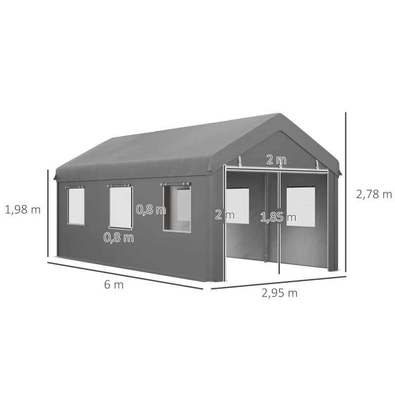Outsunny Tenda Garagem 295x600x278 cm Tenda de Exterior Resistente com 2 Portas Enroláveis e 6 Janelas Cinzento