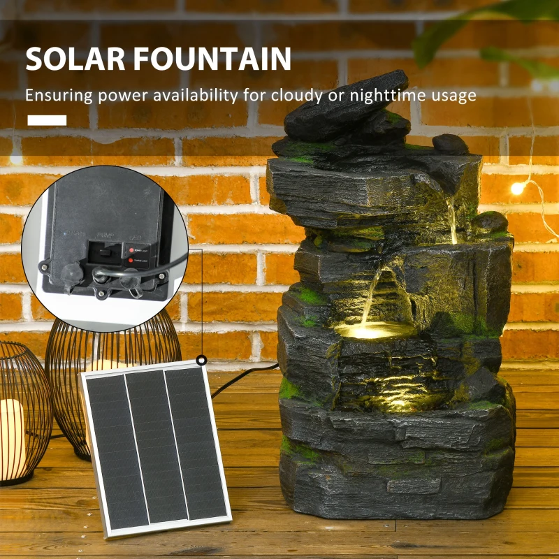 Outsunny Oczko wodne ogrodowe, w formie kamienia, 4-stopniowe, zasilane energią słoneczną, diody LED, 57cm wysokość, Żywica syntetyczna, Szary/Ciemnobrązowy