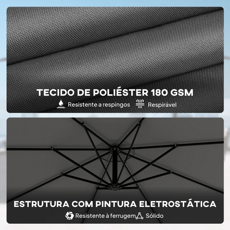 Outsunny Chapéu de Sol Excêntrico Ø300 cm com Base Cruzada Toldo Ajustável e Manivela UPF30+ para Terraço Jardim Cinzento