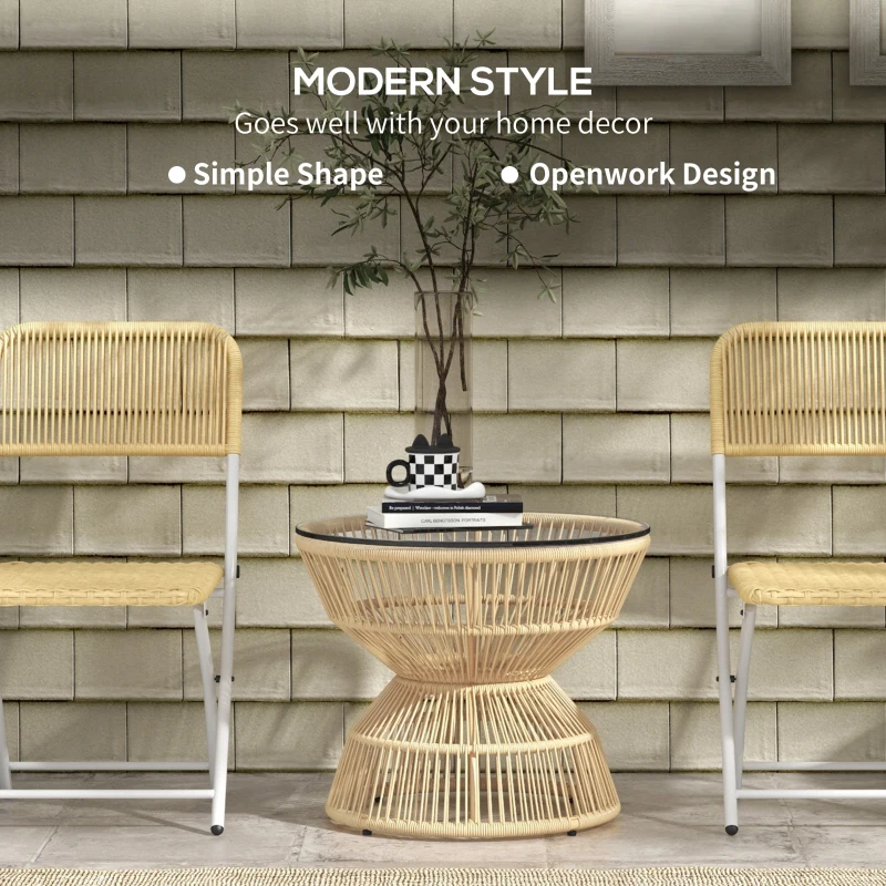 Stolik boczny Outsunny z rattanu, Ø60 cm, stolik kawowy ogrodowy z hartowanym blatem ze szkła, stolik balkonowy w stylu boho, stolik kawowy do ogrodu, balkonu, drewno naturalne