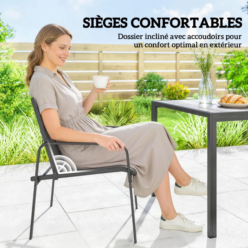 Outsunny Salon de Jardin Extérieur pour 6 Personnes, Table de Patio Effet Bois et Chaises avec Assise en Maille Respirante, Cadre en Acier Galvanisé, Noir