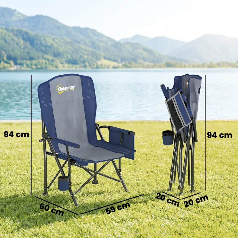 Outsunny Padded Camping Chair Adults Heavy Duty Folding Chair Side Pocket Cup Holder Carry Bag Outdoor Dark Blue