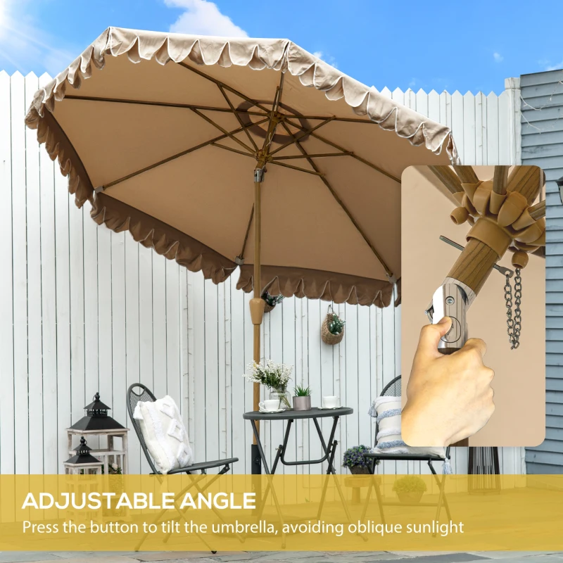 Parasol Outsunny z frędzlami, nachylany, z korbką, stal+poliester, khaki, Ø264 x 240 cm