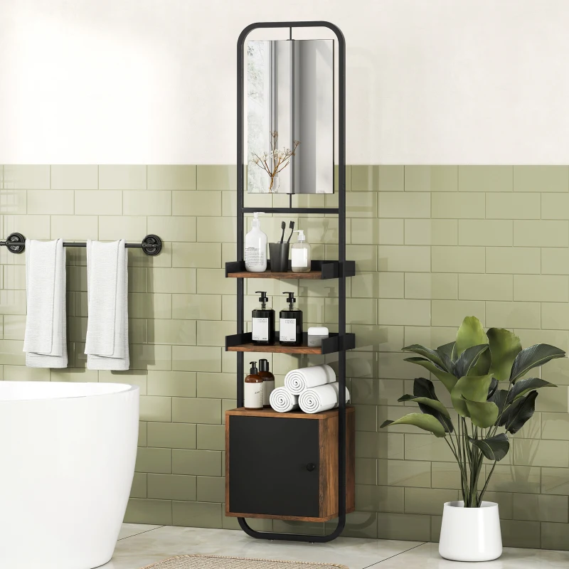 HOMCOM Étagère salle de bain rangement avec miroir, étagère de rangements avec étagères réglables et placard, 40x30x179cm, noir