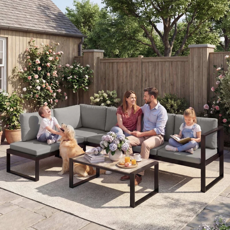 Outsunny Salon de Jardin Extérieur d'Angle 5 Personnes avec 2 Canapés, Chaise Sans Accoudoirs, Table Basse, Gris Foncé