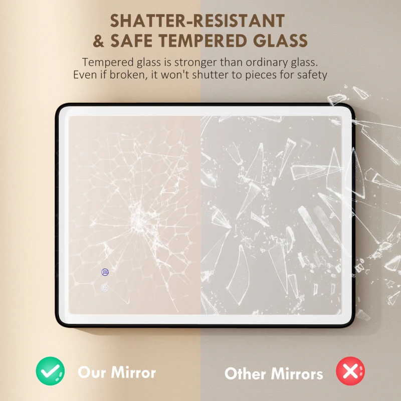 HOMCOM LED Lustro łazienkowe z funkcją przeciwmgielną, lustro do makijażu z oświetleniem, 80 x 60 cm, czarna rama