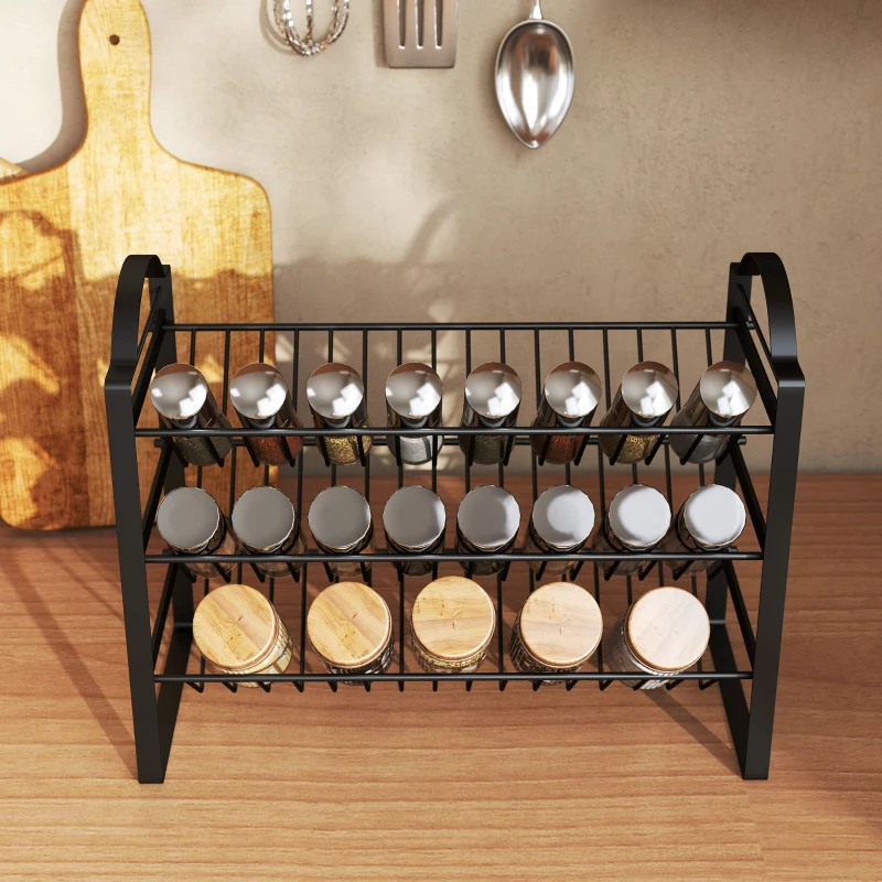 HOMCOM Portaspezie da Cucina a 3 Livelli, Organizer Salvaspazio con Ripiani Inclinati in Metallo, Nero