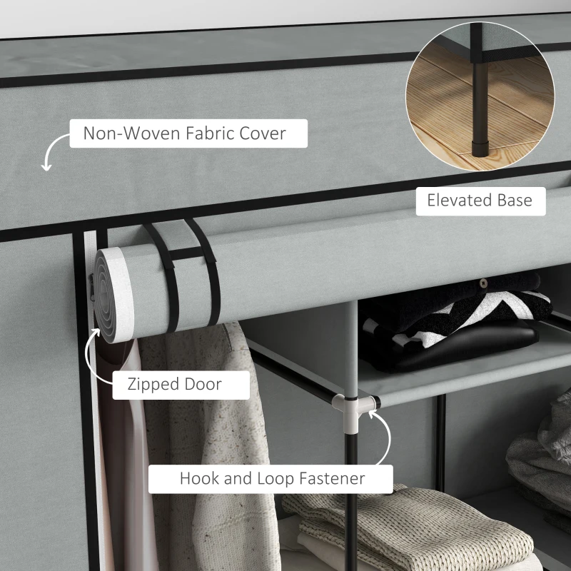 HOMCOM Szafa z tkaniny, drzwi, 2 drążki na ubrania, 10 przegródek, Szary