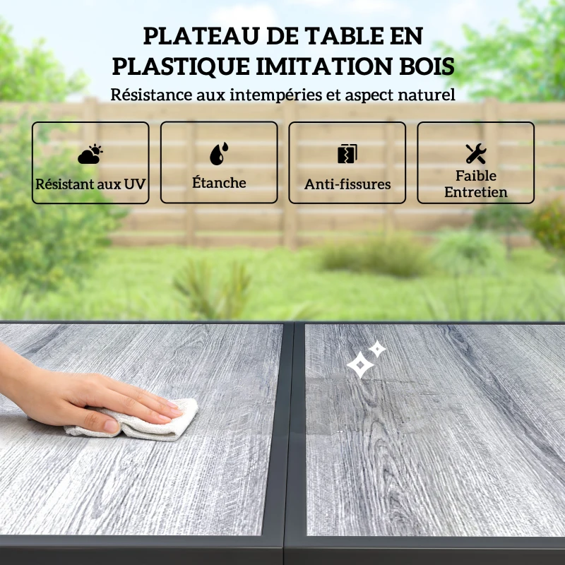 Outsunny Salon de Jardin Extérieur pour 6 Personnes, Table de Patio Effet Bois et Chaises avec Assise en Maille Respirante, Cadre en Acier Galvanisé, Noir