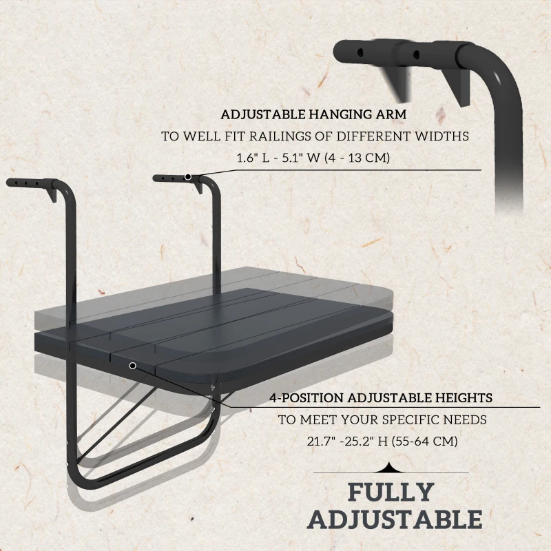 Outsunny Stolik balkonowy do zawieszenia, składany, regulowany na wysokości, rama aluminiowa, blat z tworzywa sztucznego, wykończenie drewna, czarny