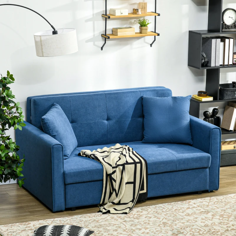 HOMCOM 2 Seater Sofa Bed with Hidden Storage, Pull Out Convertible Bed Settee, Modern Snow Flannel Loveseat Sofa Sleeper with 2 Cushions for Living Room, Guest Room, Deep Blue