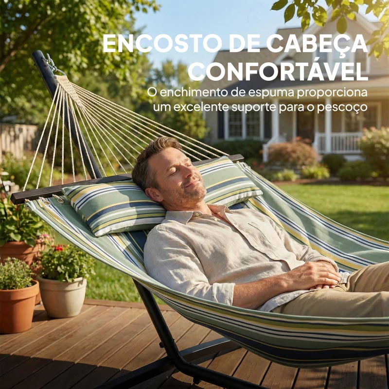 Outsunny Cama Rede com Suporte Rede de Jardim Portátil com Almofada Removível Barras Estabilizadoras 353x94x115 cm Verde