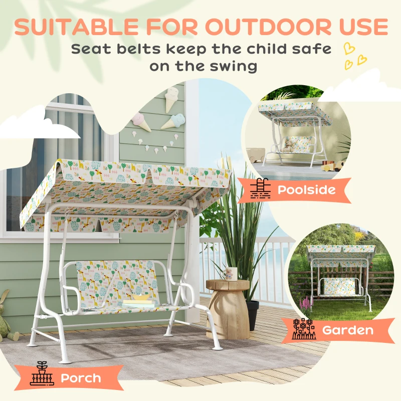 AIYAPLAY Kids Garden Swing Chair with Adjustable Canopy, Safety Belt, 2 Seater Hammock Swing Bench for Patio, Porch, White