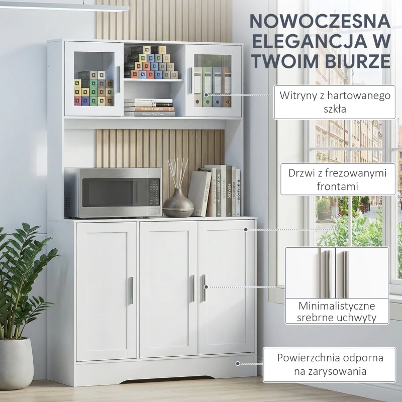 HOMCOM Szafka kuchenna, Design skandynawski, 4 szafki, Regulowane półki, Drzwi ze szkła, Otwarta przestrzeń, Płyta wiórowa, MDF, Biały(m-7)