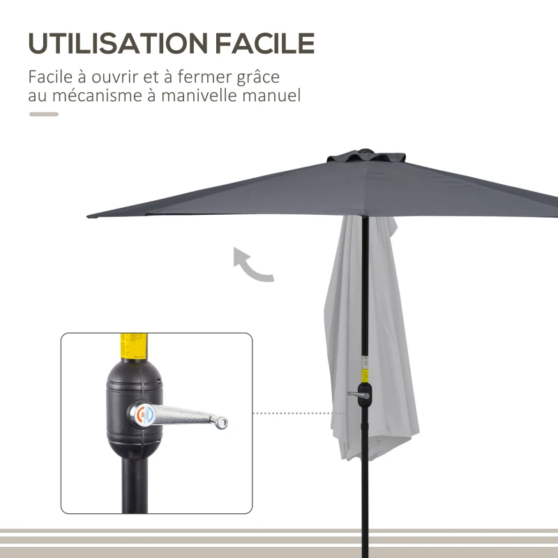 Outsunny Demi parasol parasol de balcon 5 entretoises métal cheminée incluse 2,93 x 1,5 x 2,49 m polyester haute densité gris