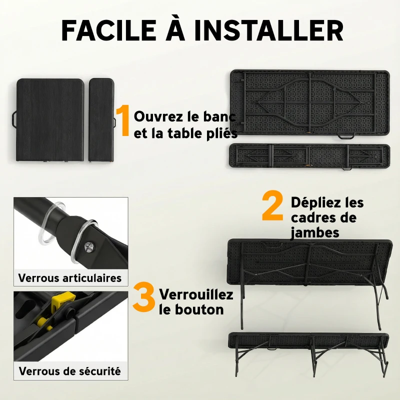 Outsunny Ensemble table pliante et bancs de pique-nique 180 cm avec poignées de transport, noir