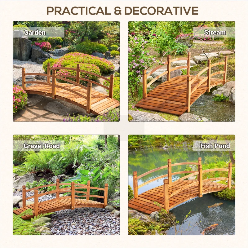 Outsunny 6FT Wooden Garden Bridge with Safety Railings, Classic Arc Footbridge for Stream Pond Walkway, Orange