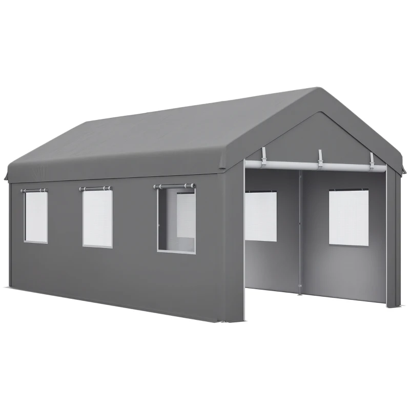 Outsunny Tenda Garagem 295x600x278 cm Tenda de Exterior Resistente com 2 Portas Enroláveis e 6 Janelas Cinzento