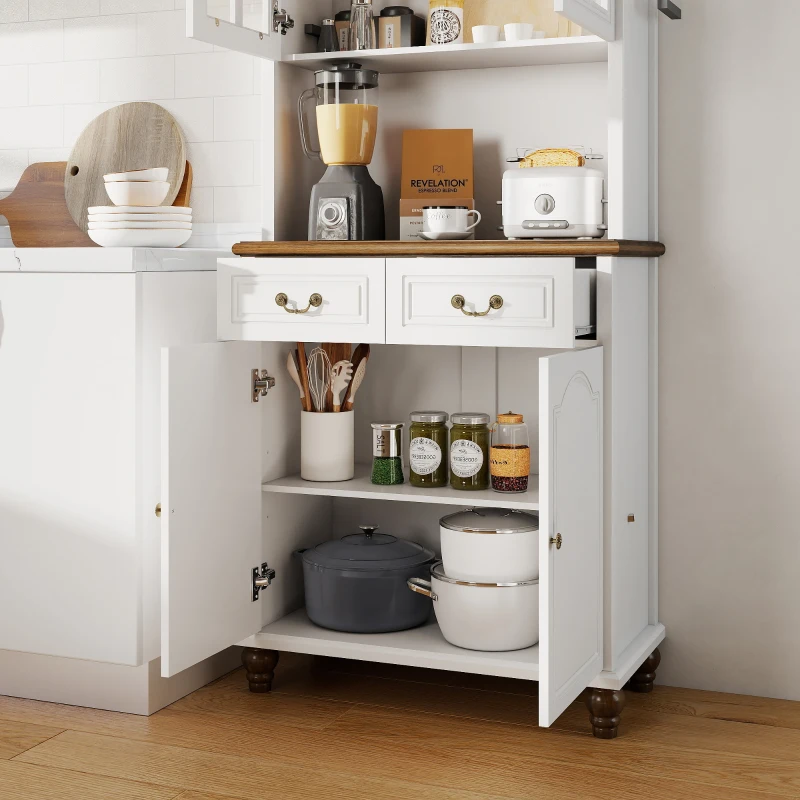 HOMCOM Szafka kuchenna z 2 szufladami, wysoki szafką z otwartą półką, szafka z witryną i funkcją Soft-Close do salonu, kuchni, 76 x 38 x 182 cm, biały(m-11)