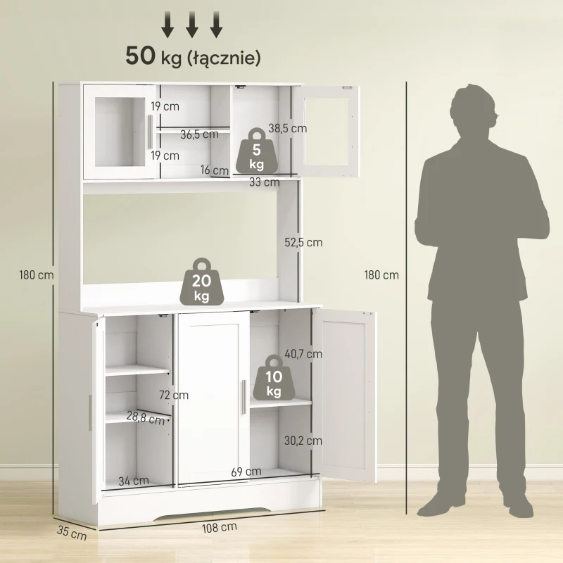 HOMCOM Szafka kuchenna, Design skandynawski, 4 szafki, Regulowane półki, Drzwi ze szkła, Otwarta przestrzeń, Płyta wiórowa, MDF, Biały(m-4)