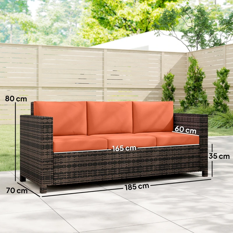 Outsunny 3 Seater Rattan Sofa All-Weather Wicker Weave Metal Frame Chair with Fire Resistant Cushio-Orange