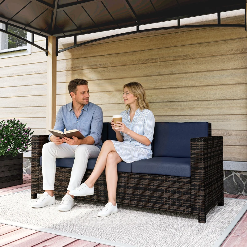 Outsunny 3 Seater Rattan Sofa All-Weather Wicker Weave Metal Frame Chair with Fire Resistant Cushio-Dark Blue