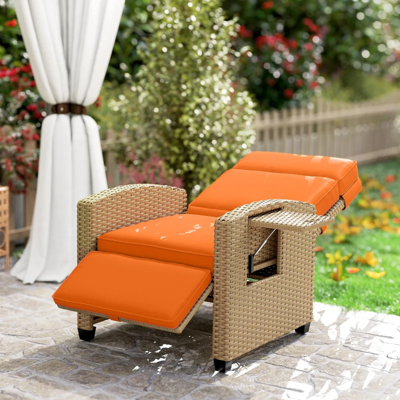 Outsunny 145° Reclining Rattan Armchair, with Footrest - Khaki/Orange