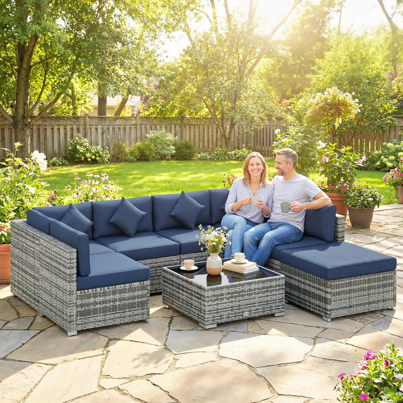 Outsunny 8 Pieces PE Rattan Corner Sofa Set, Outdoor Garden Furniture Set, Patio Wicker Sofa Seater w/ Cushion, Dark Blue