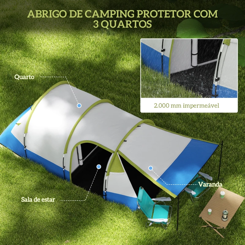 Outsunny Tenda de Campismo Dobrável para 3 Pessoas com 2 Quartos e Bolsa de Transporte 420x200x150 cm Azul Escuro e Verde