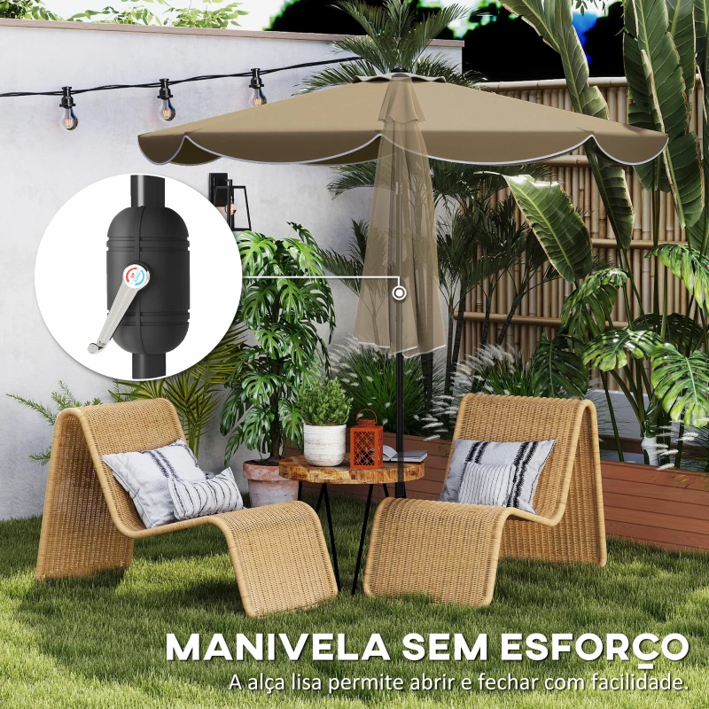 Outsunny Chapéu de Sol para Jardim Ø2,7 m com Inclinação Ajustável em 3 Posições Manivela e Volante Cáqui