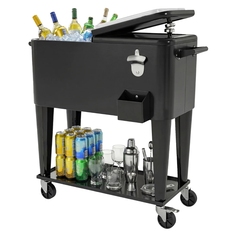 Outsunny Koelwagen met opbergruimte, afvoer, wielen en zwart design